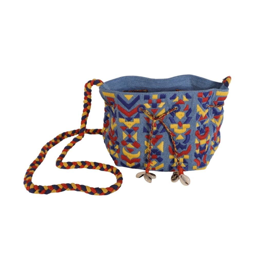 Lovestitch Boho Denim Embroidered Bucket Bag w/ Shells - Blue Denim - NWT